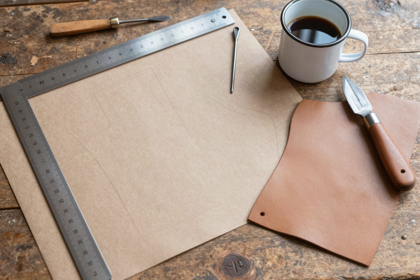 A pattern card, awl and waxed thread laid out before cutting