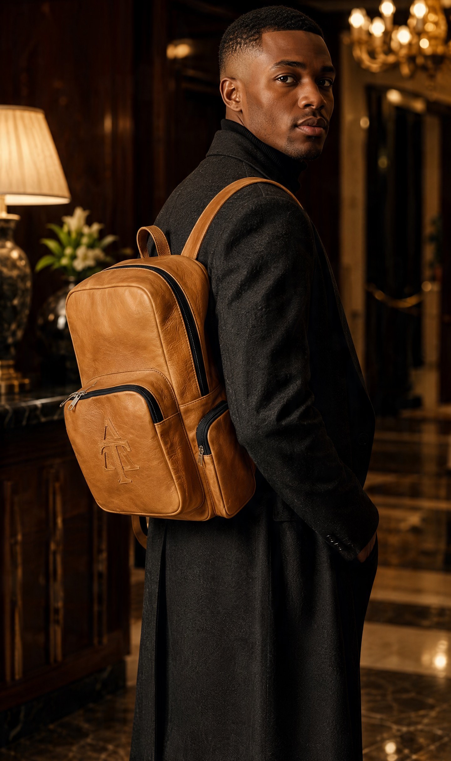 A tan leather Asekho Twaku backpack, embossed with the AT monogram, carried over the shoulder