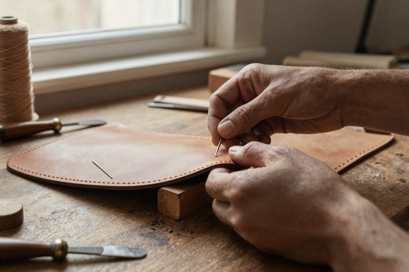 A saddle stitch being pulled through a leather panel in a stitching pony