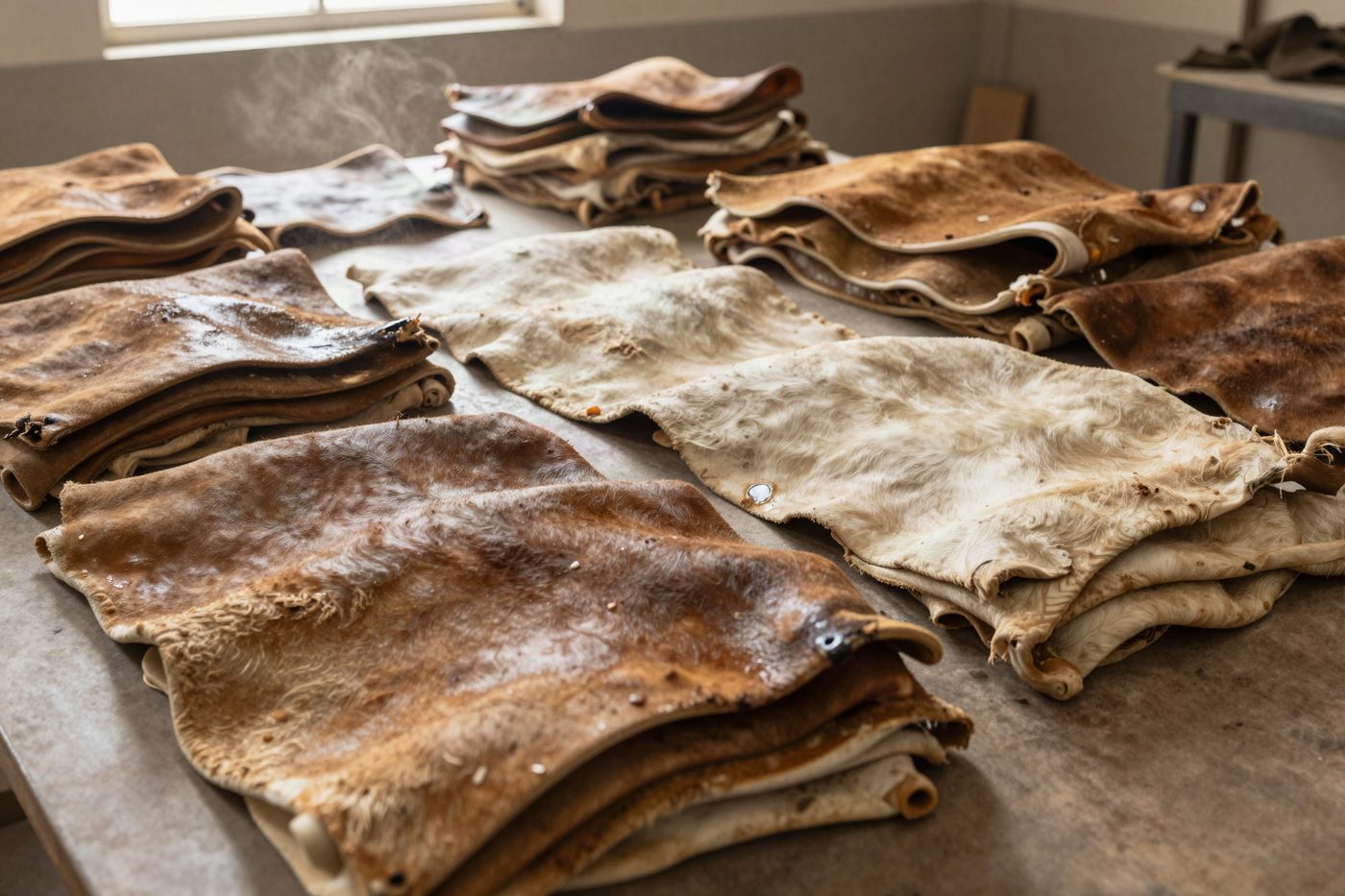 Raw hides sorted across the workshop table
